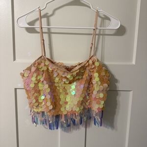 Skies Are Blue Iridescent Sequin Peach Pink Crop Top